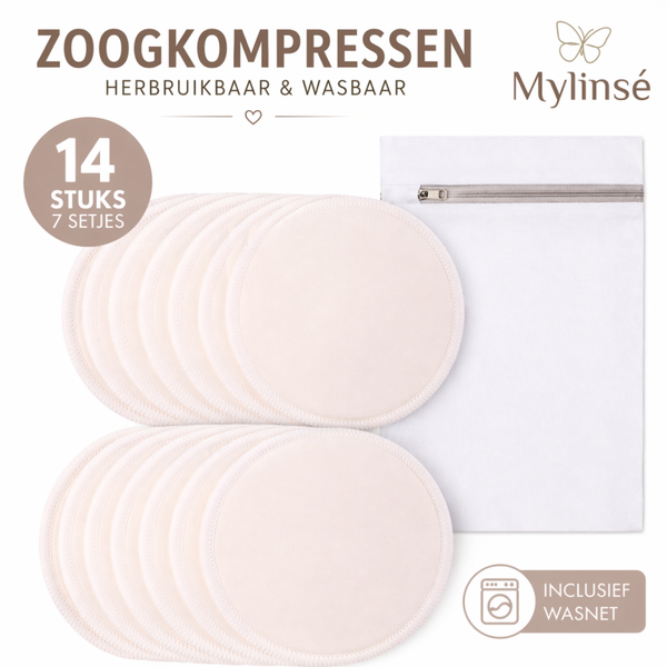 Herbruikbare bamboe zoogkompressen – 14 stuks (7 paar) – Beige/crème