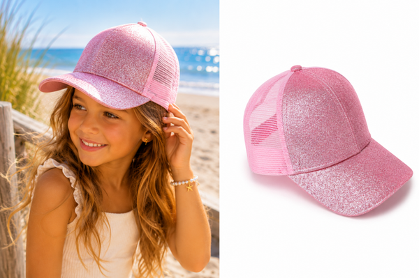 Meisjes Pet Glitter Roze – Verstelbare Baseball Cap met Opening voor Staartje – 5-10 Jaar