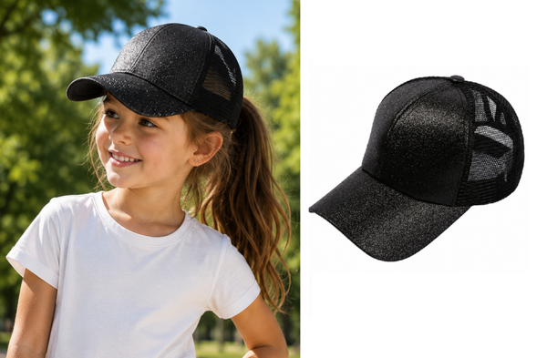 Meisjes Pet Glitter Zwart – Verstelbare Baseball Cap met Opening voor Staartje – 5-10 Jaar