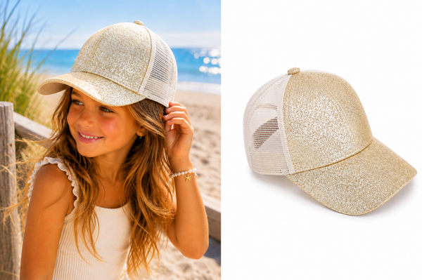 Meisjes Pet Glitter Goud – Verstelbare Baseball Cap met Opening voor Staartje – 5-10 Jaar