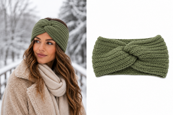 Gebreide Dames winter haarband - oorwarmers - hoofdband Olijfgroen - met knoop