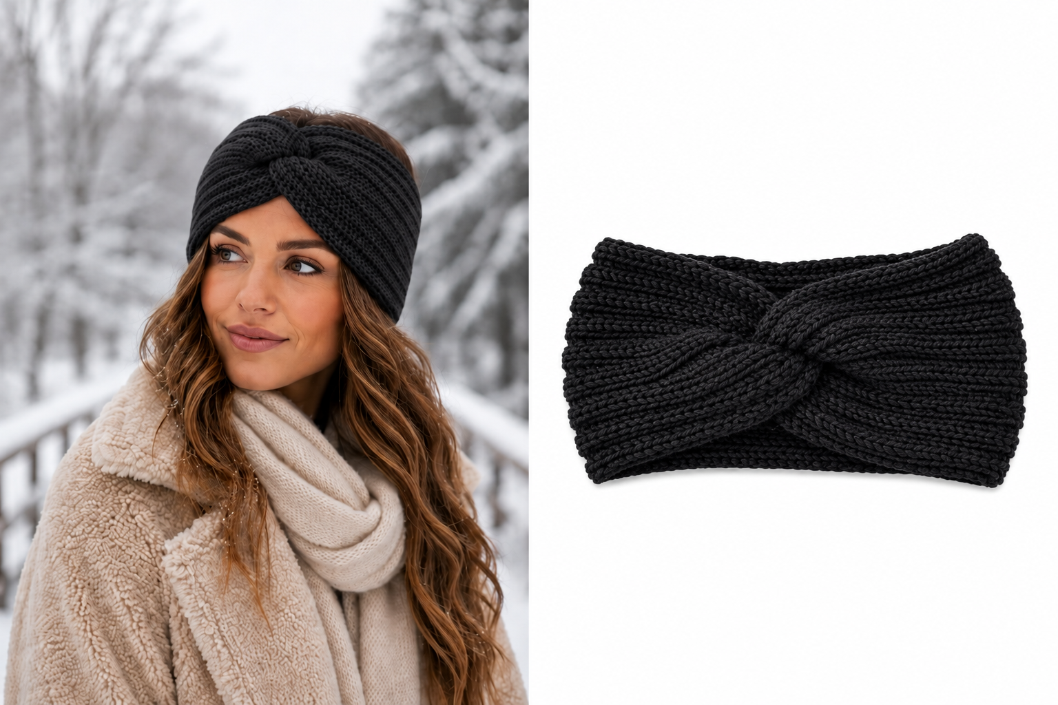 Gebreide Dames winter haarband - oorwarmers - hoofdband zwart - met knoop