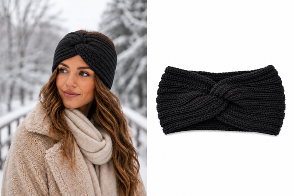 Gebreide Dames winter haarband - oorwarmers - hoofdband zwart - met knoop