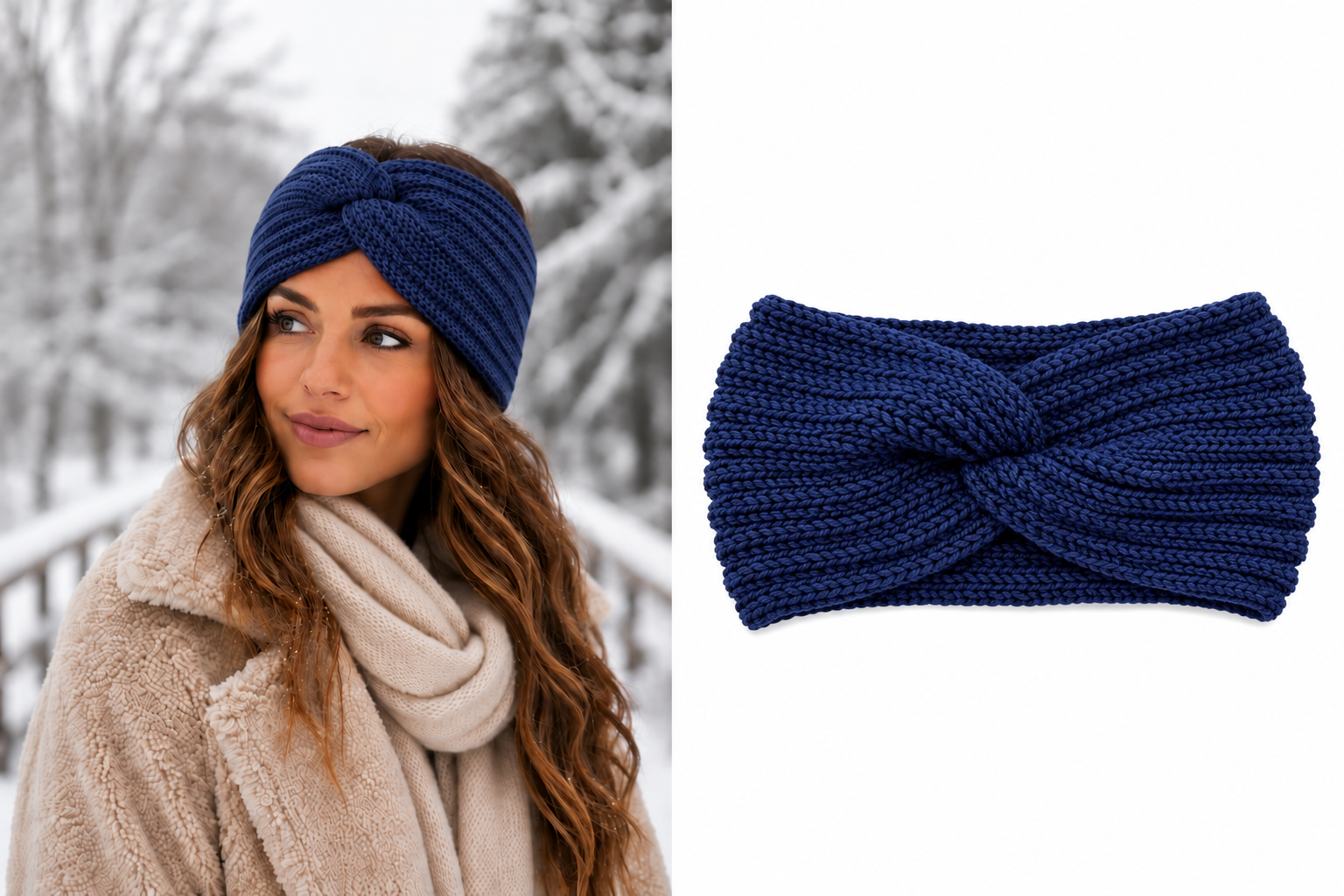 Gebreide Dames winter haarband - oorwarmers - hoofdband Navy