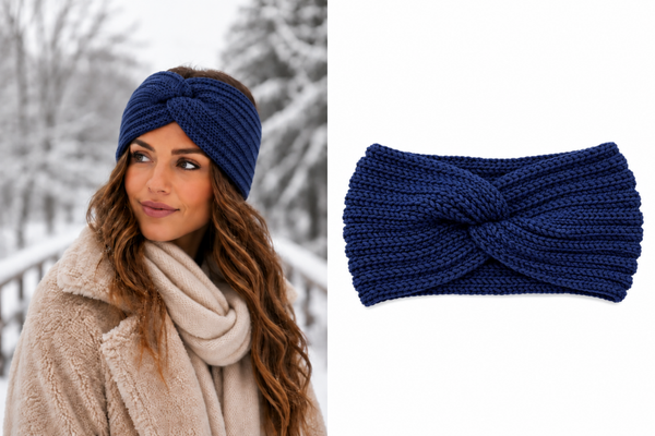 Gebreide Dames winter haarband - oorwarmers - hoofdband Navy