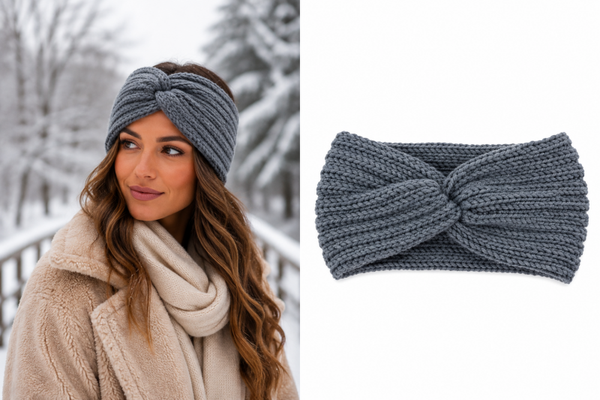 Gebreide Dames winter haarband - oorwarmers - hoofdband donkergrijs - met knoop