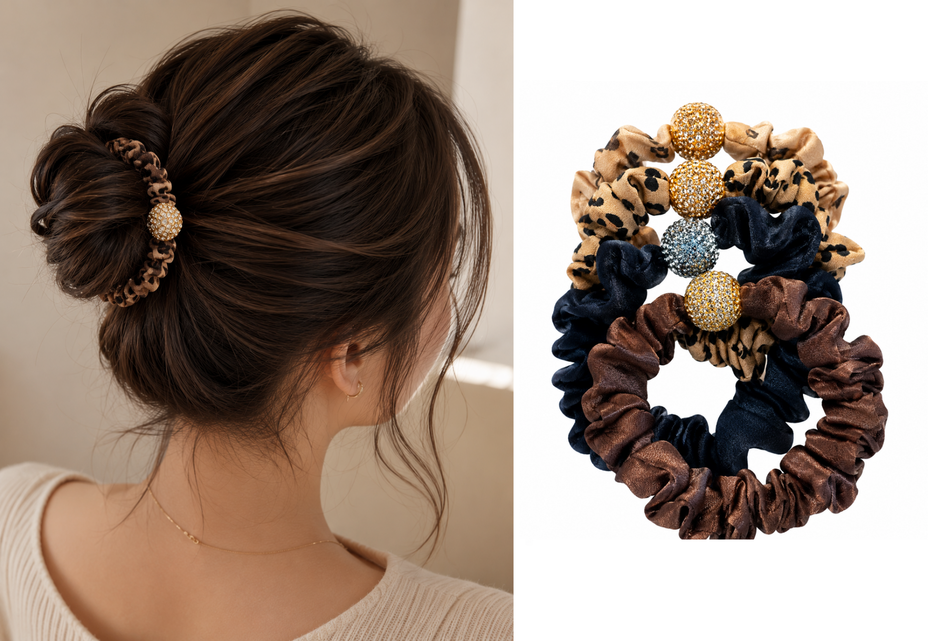 4 Stuks - Dames en Meisjes Haar Scrunchies met Steentje - Bruin, Beige, Zwart