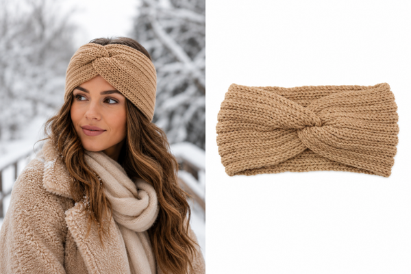 Gebreide Dames winter haarband - oorwarmers - Camel
