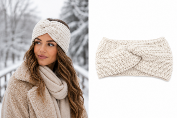 Gebreide Dames winter haarband - oorwarmers - Crème