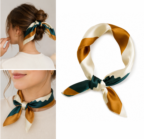 Elegant Stijlvol hals sjaaltje - Zigzag golfend - Bruin Crème Donkergroen - 50x50 cm