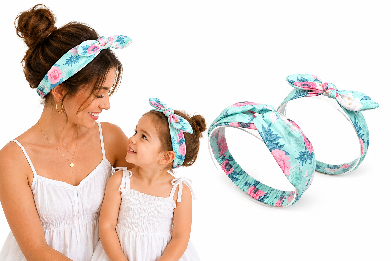 Twinning - Moeder Dochter haarbanden (1-5 jr) - blauw Tropical gebloemd