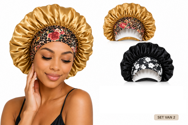 2 Stuks - Satijnen Dames Slaapmutsen Groot - Brons Luipaard Print en Zwart Wit Gebloemd - Bonnet
