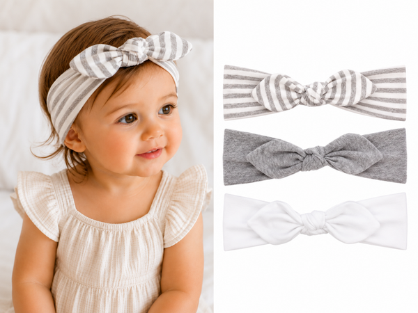 Set van 3 Peuter Haarbandjes met Strik – Grijs/Wit Gestreept – 2-4 jaar