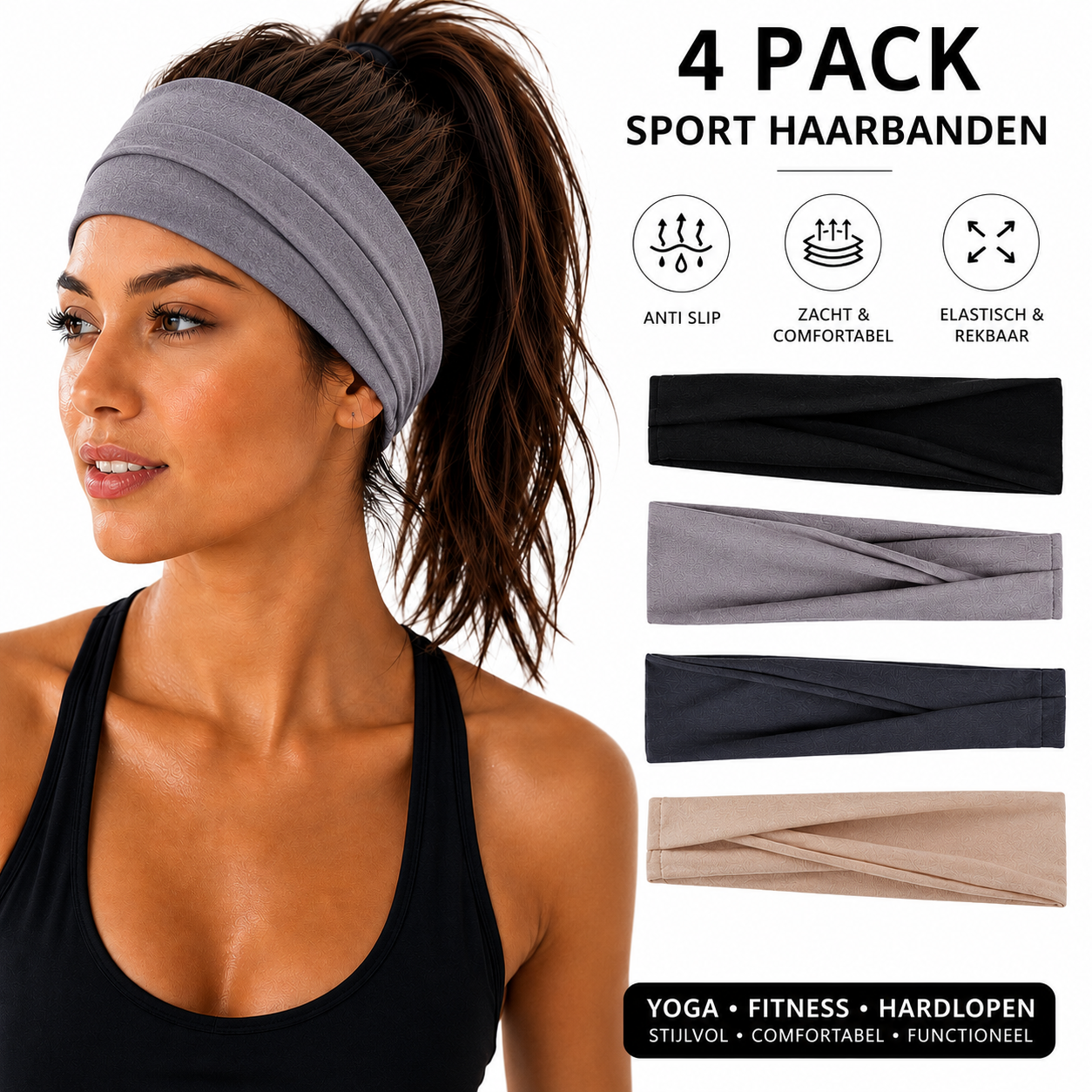Dames Sport Haarbanden - 4 stuks - Zwart Crème grijs