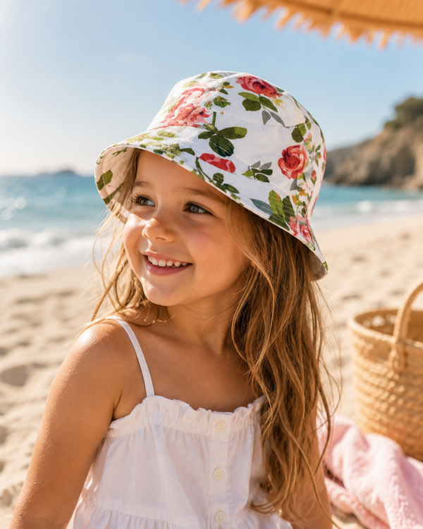 Zonnehoedje Vissershoedje kind gebloemd roos (5-8 jaar) - zomer hoed