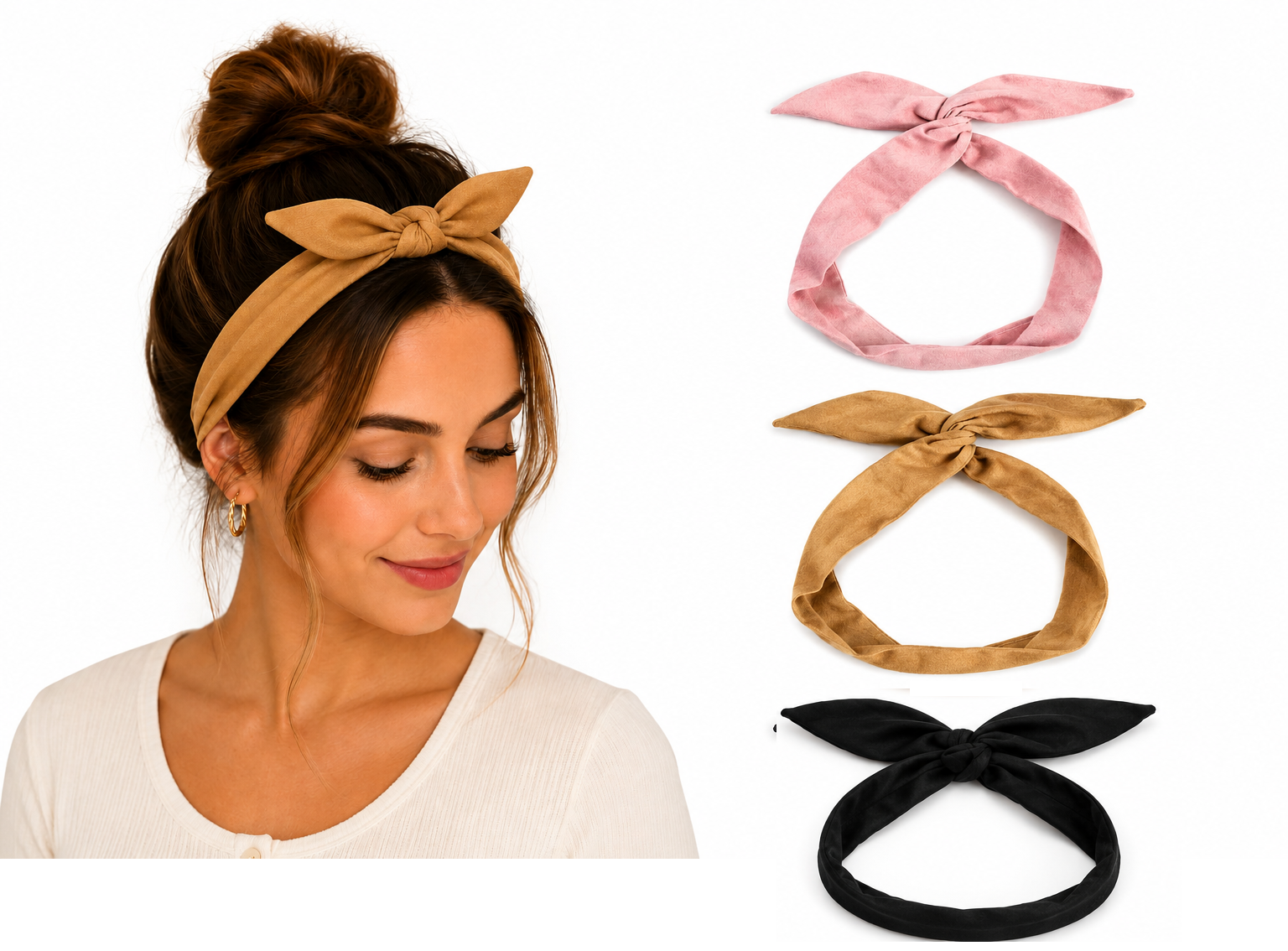 3 stuks Dames haarbanden met ijzerdraad - Suede effen roze zwart camel