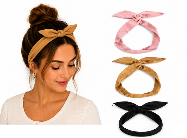 3 stuks Dames haarbanden met ijzerdraad - Suede effen roze zwart camel