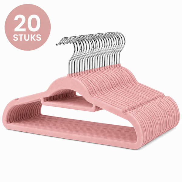 Velvet Kledinghangers Volwassenen – Set van 20 – Antislip Fluwelen Hangers – Met Broekstang & Inkepingen – Roze – 42 cm