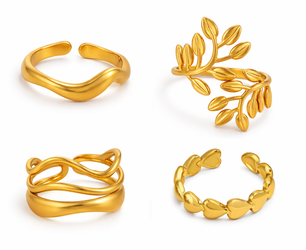 Set van 4 Gouden RVS Ringen voor Dames – Verstelbare Minimalistische Ringenset – Waterproof Stainless Steel Sieraden – Trendy Open Ringen
