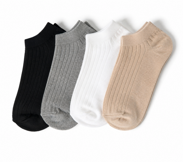 Sneaker Sokken 4-Pack Maat 35-38 – Geribde Katoenmix Enkelsokken – Zwart, Grijs, Wit & Warm Beige