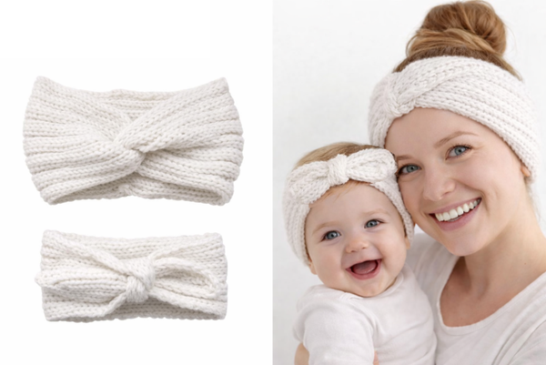 Matching moeder dochter (3-18 mnd) winter haarbanden/ oorwarmers crème wit - gebreide haarbandjes