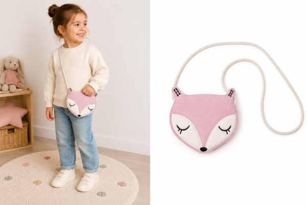 Meisjes tas vosje 3-6 jaar - crossbodytas peuter - kleuter - schoudertasje - katoen - roze - licht gewicht