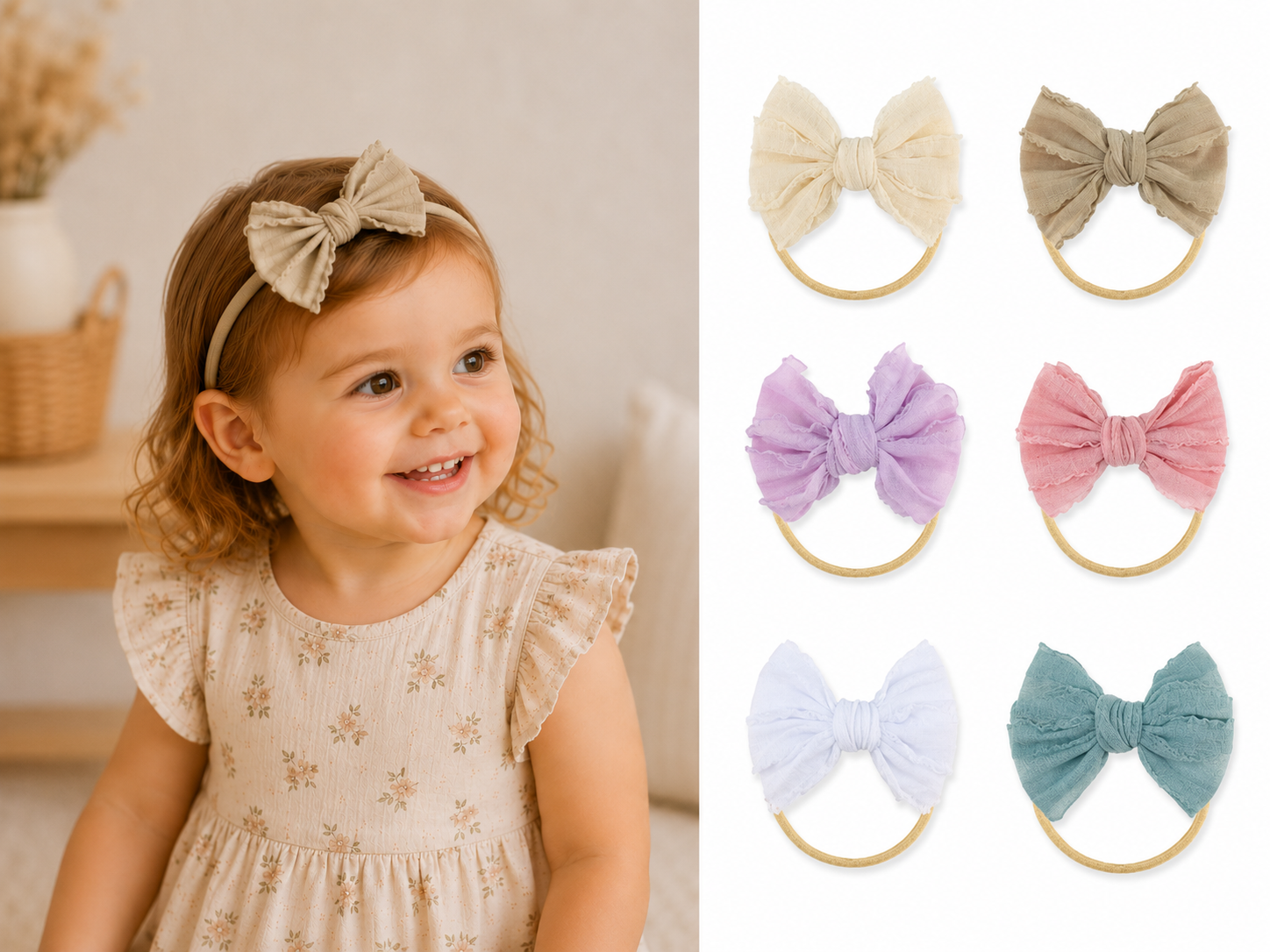 6 Stuks - Meisjes Haarbandjes Effen met Strik - Roze - Beige - Grijs - Wit (0-5 jaar)