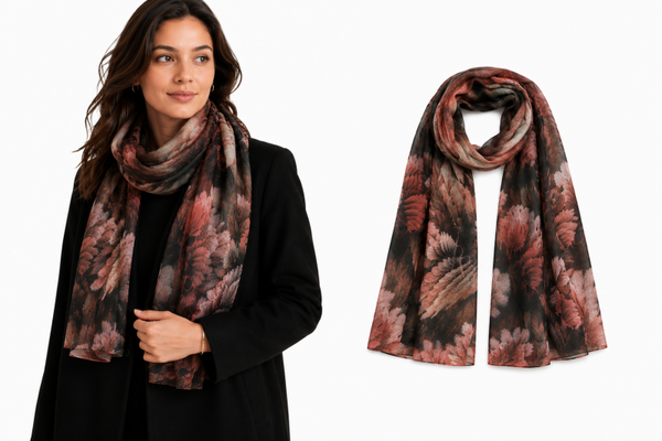Donkerrode Bladprint Sjaal 180x80 cm – Elegante Dames Sjaal met Warme Herfsttinten van Polyester