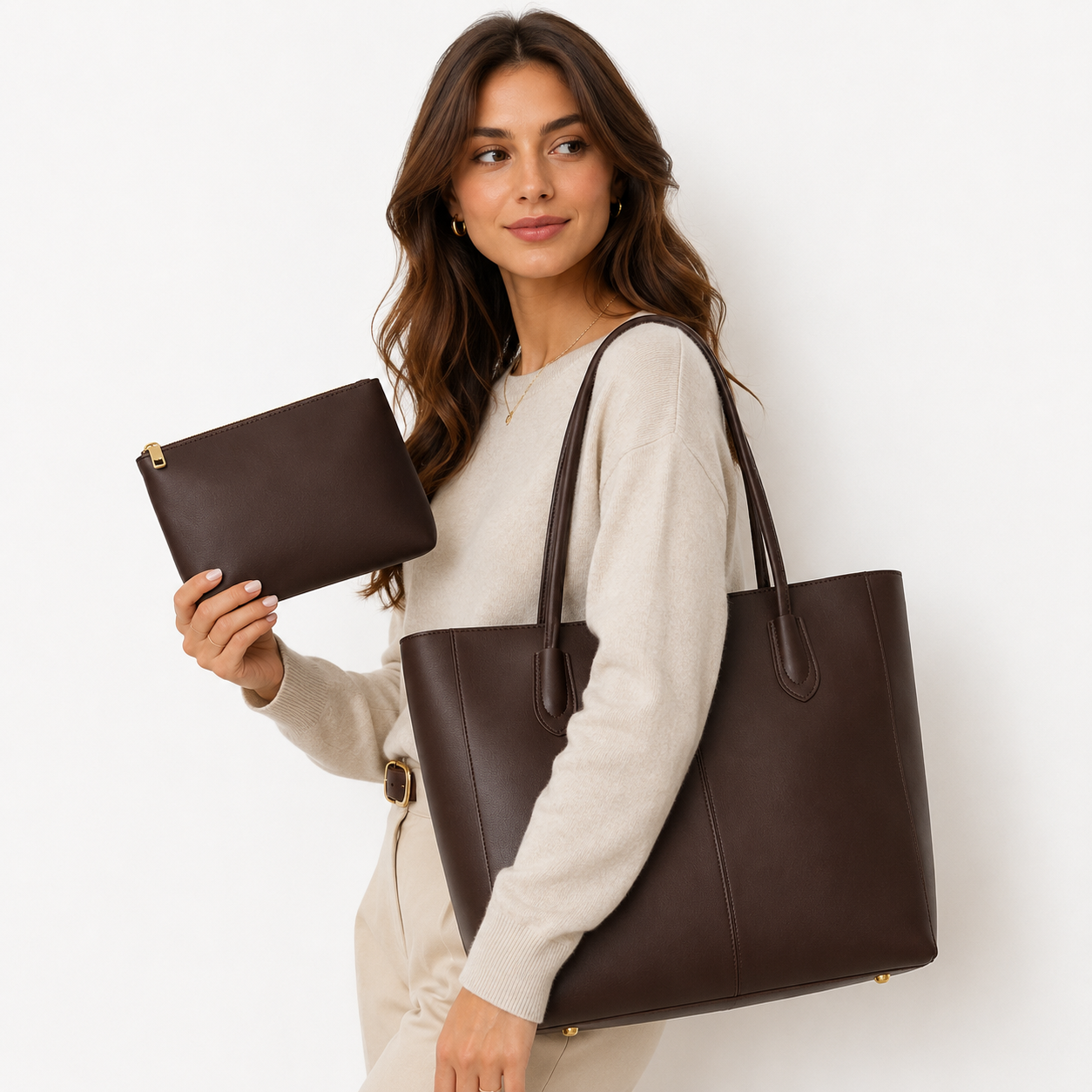 Dames Schoudertas / Shopper met Gratis Etui – Donkerbruin