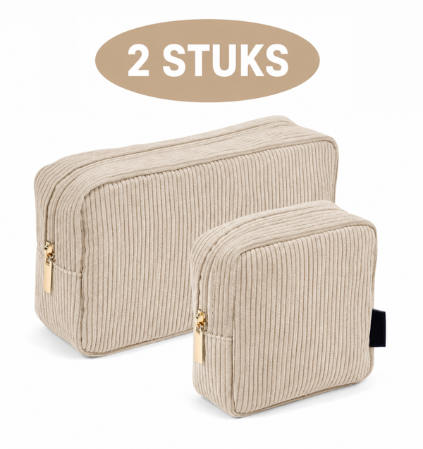 Make-up Tas Set van 2 – Beige Ribstof Toilettas & Cosmeticatas – Grote en Kleine Organizer – Reis Toilettasje voor Make-up, Verzorgingsproducten en Accessoires