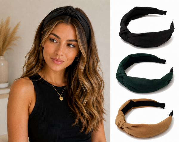 3 Stuks Dames Haarbanden Diadeem met Knoop - Camel, Zwart en Groen - Modieuze Haaraccessoires