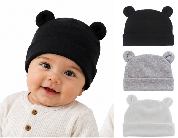 3 pack Babymutsjes newborn Beervorm effen Zwart Wit Grijs