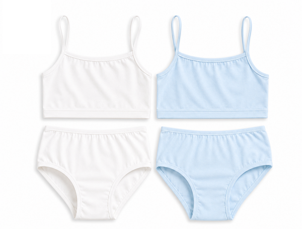 Meisjes Ondergoed Set 2-delig – Hemdje met Spaghettibandjes & Slip – 100% Katoen – Wit & Blauw – Maat 134/140 (9-11 jaar)