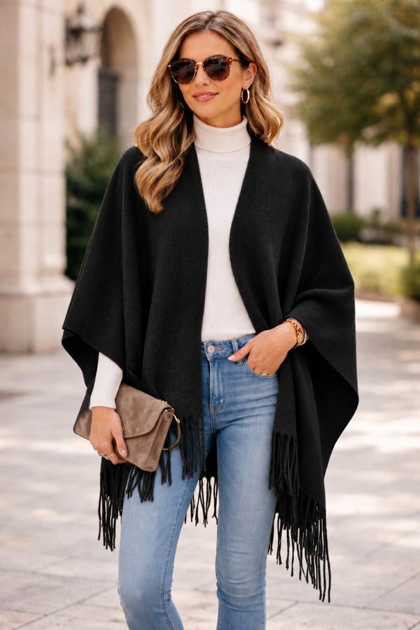 Dames Omslagdoek Vest Zwart – Oversized Sjaal – Poncho – Stola – Omslagsjaal – Vest met Franjes