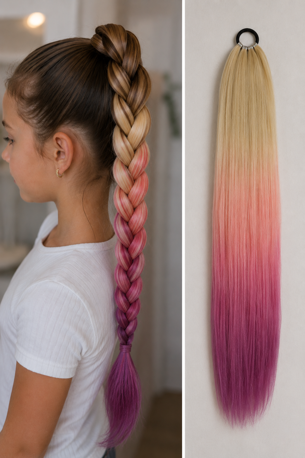 Haarextensie - Synthetisch - Geel, Roze, Paars - 70 cm - Met Elastiek