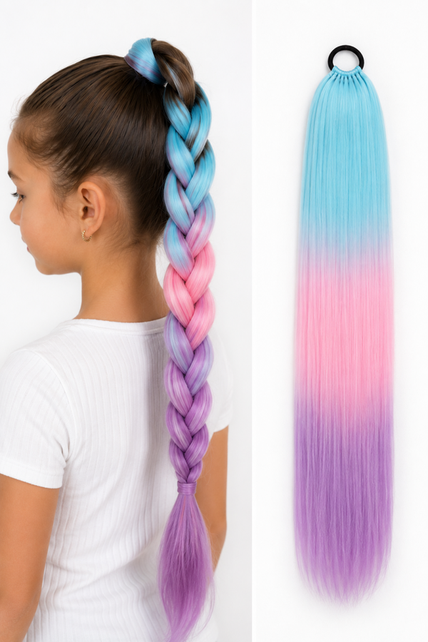 Haarextensie - Synthetisch - Blauw, Roze & Paars - 70 cm - Met Elastiek