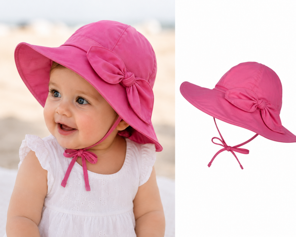Zonnehoedje Baby Meisje Fuchsia Roze – Effen Zomerhoed met Strik – UV Zonbescherming – Katoenen Zonnehoed – 6-24 Maanden