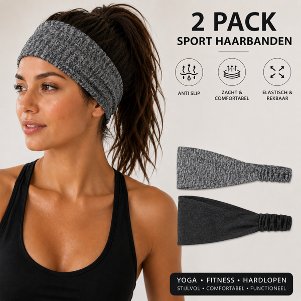 2-Pack Dames Sport Haarbanden – Yoga, Fitness & Pilates – Elastische Zweetband – Grijs & Zwart