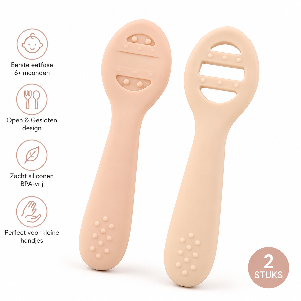 Baby Eerste Eetfase Lepel Set – 2 stuks – Roze en Beige – BPA-vrij Siliconen Lepels