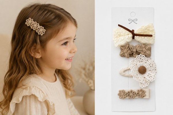 Haarclipjes Meisjes Set (4 stuks) – Beige, Bruin & Crème – Kant & Stoffen Bloemen  – 5,5 cm