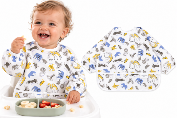 Baby Slab met Mouwen 0-2 Jaar – Waterdicht Slabbetje met Opvangvak – Safari Dieren – Eetslab