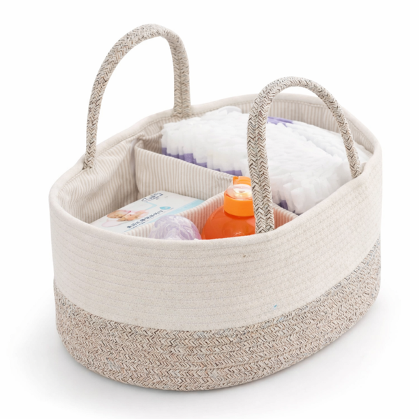 Katoenen Luiermand met Handvatten – Baby Organizer 3 Vakken – Crème Beige (32×24×15 cm)
