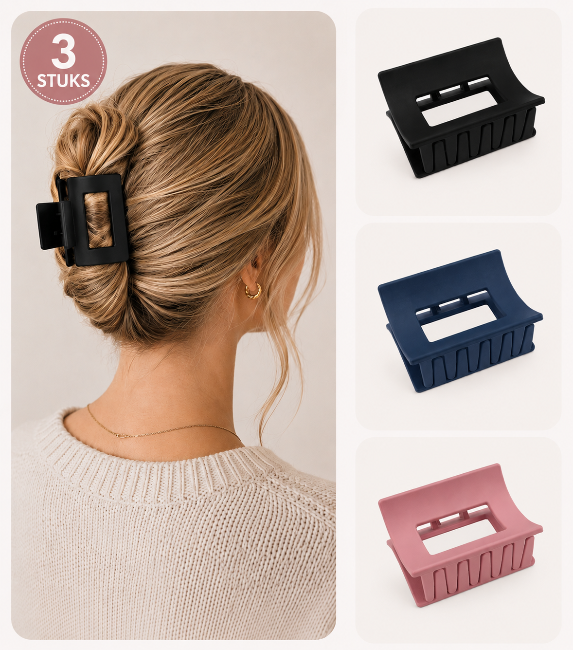 3 stuks - Dames haarklemmen groot - zwart navy en roze