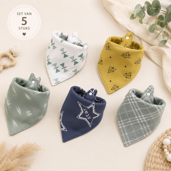 Bandana Slabbetjes Baby – Set van 5 – Kwijlslabbetjes 100% Katoen – Absorberend & Verstelbaar