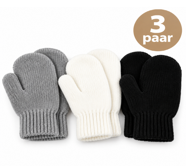3 Paar Kinderwanten 1-3 Jaar – Gebreide Wanten voor Kinderen – Zwart, Grijs & Wit – 13 cm