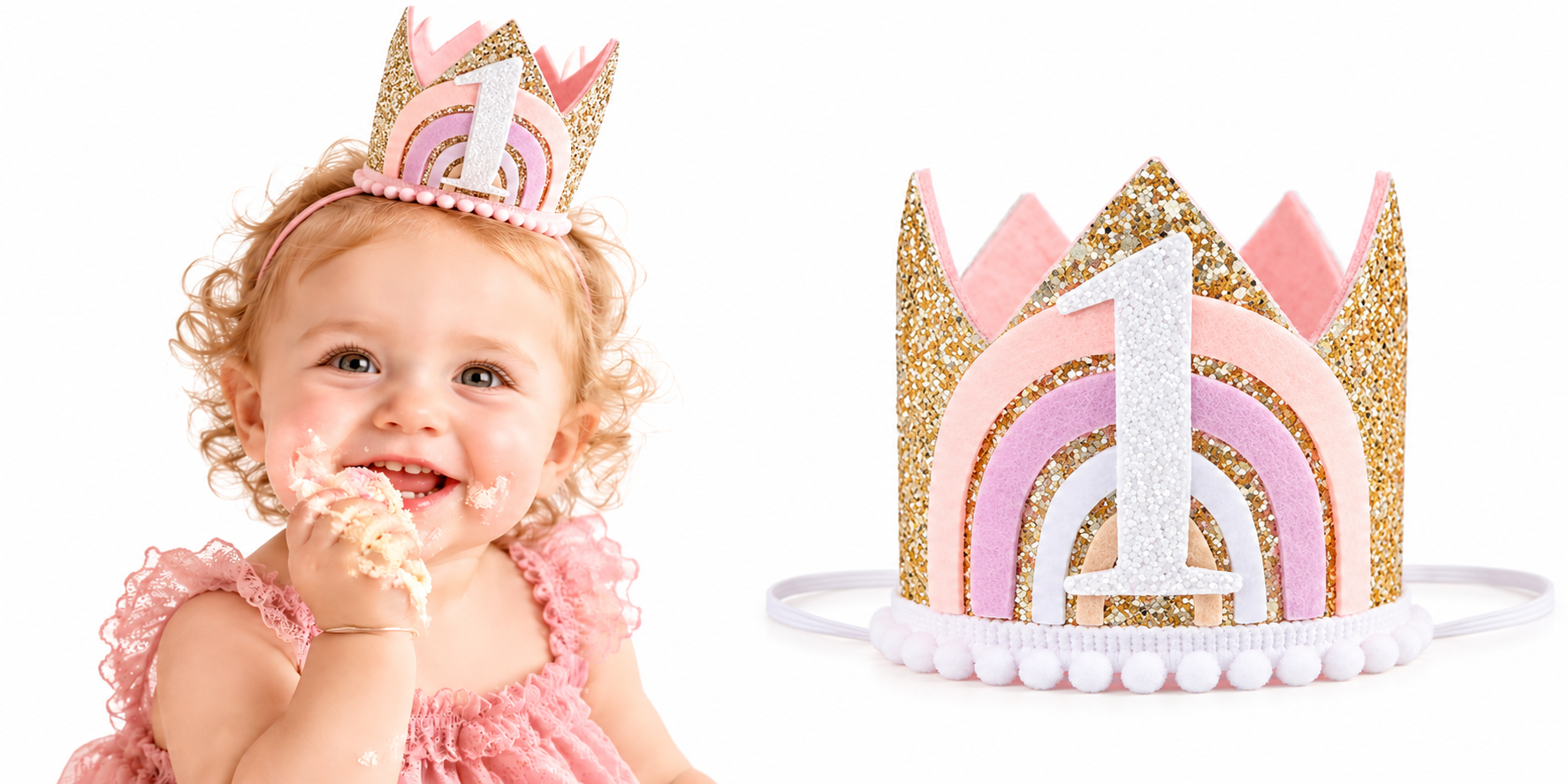 Verjaardagskroon 1 jaar - Baby Meisje - Rosé Goud - Glitters