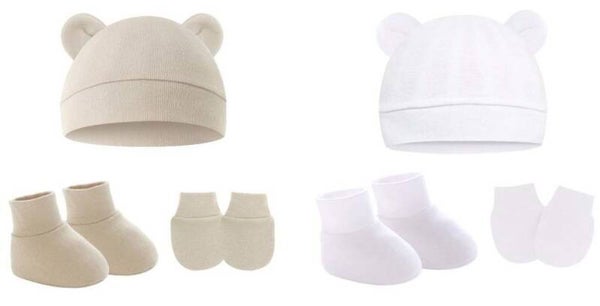 2 Setjes - Baby Newborn Muts, Krabwantjes en Slofjes - Beervorm Beige en Wit