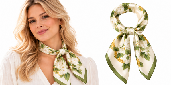 Dames Haarsjaal - Neksjaal - Vierkant 70x70 cm - Witte Rozen met Gouden Kettingmotief - Groen - Off-white