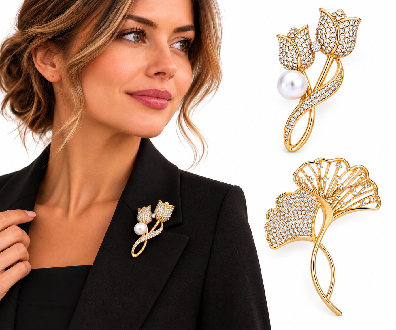 Broches Dames – Set van 2 – Tulp & Ginkgo Biloba – Goudkleurig