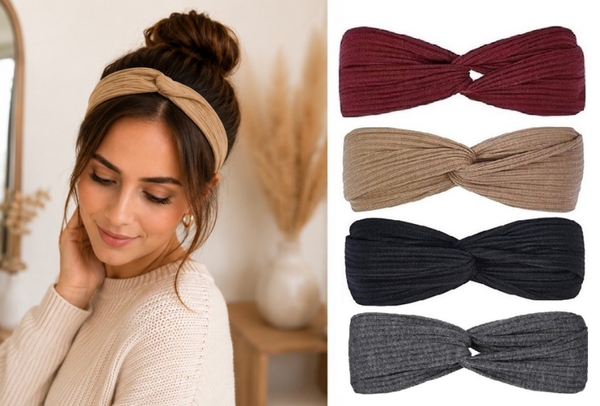 Gebreide Dames Haarbanden met Knoop 4 stuks - Rood Beige Zwart